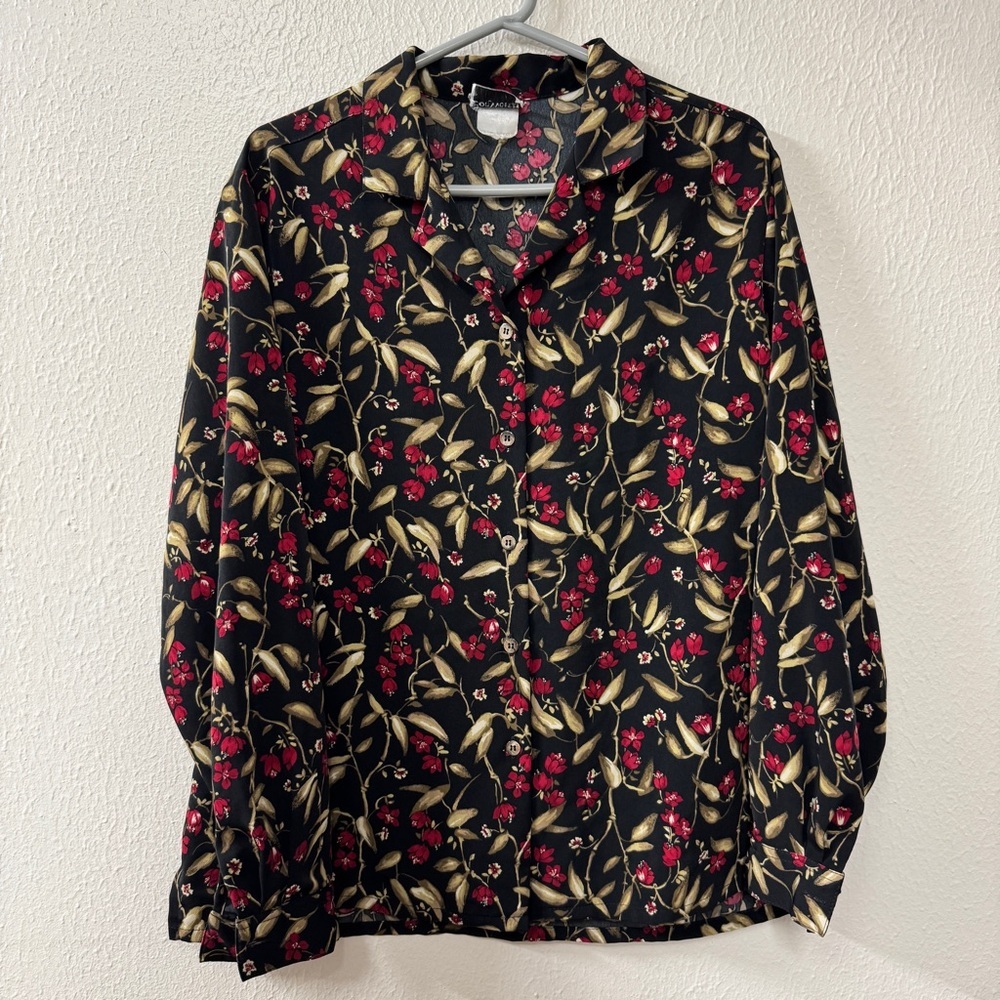 BonWorth Black Blouse with Red Floral & Gold Leaf Print